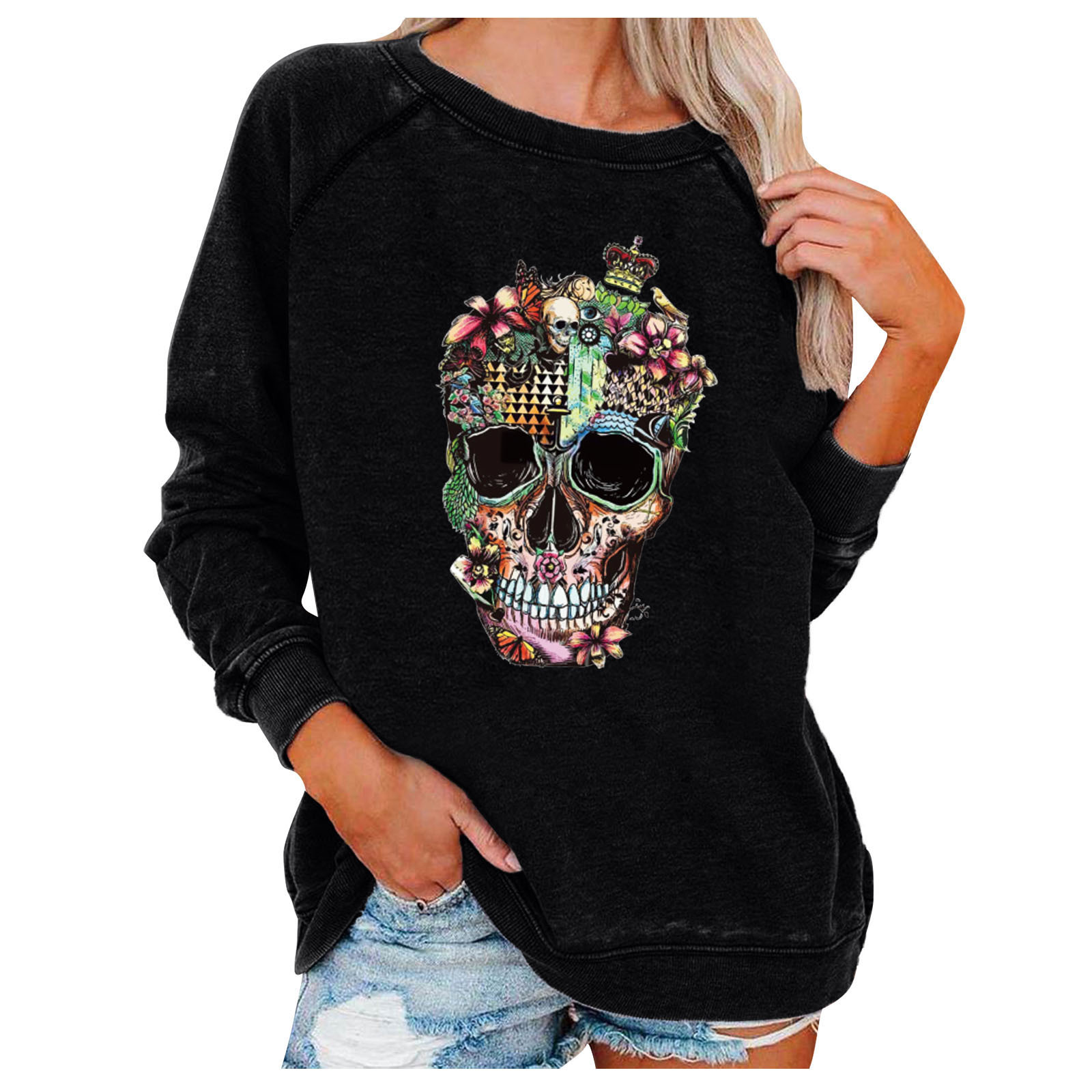 Halloween skull print round neck loose sweater women-ABOXUN