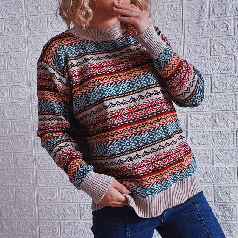Vintage Long Sleeve Totem Striped Sweater-ABOXUN