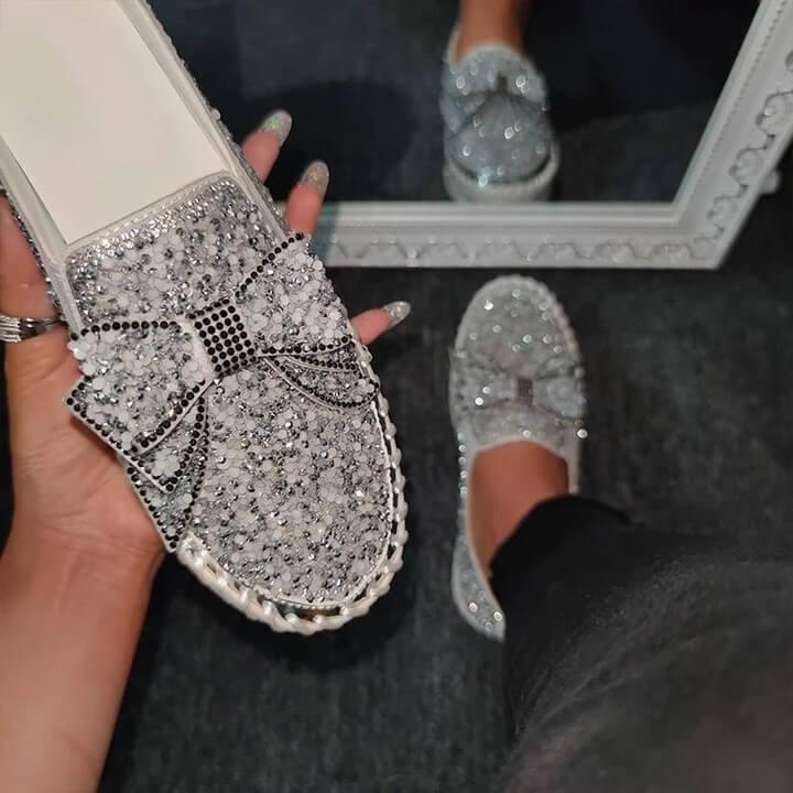 👡Women Shining Rhinestone Slip-on Loafers with Cute Bowknot-ABOXUN