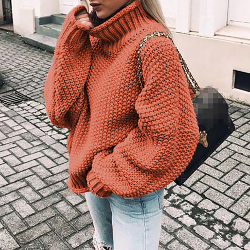 Chunky Half Turtleneck Doll Sleeve Loose Sweater-ABOXUN