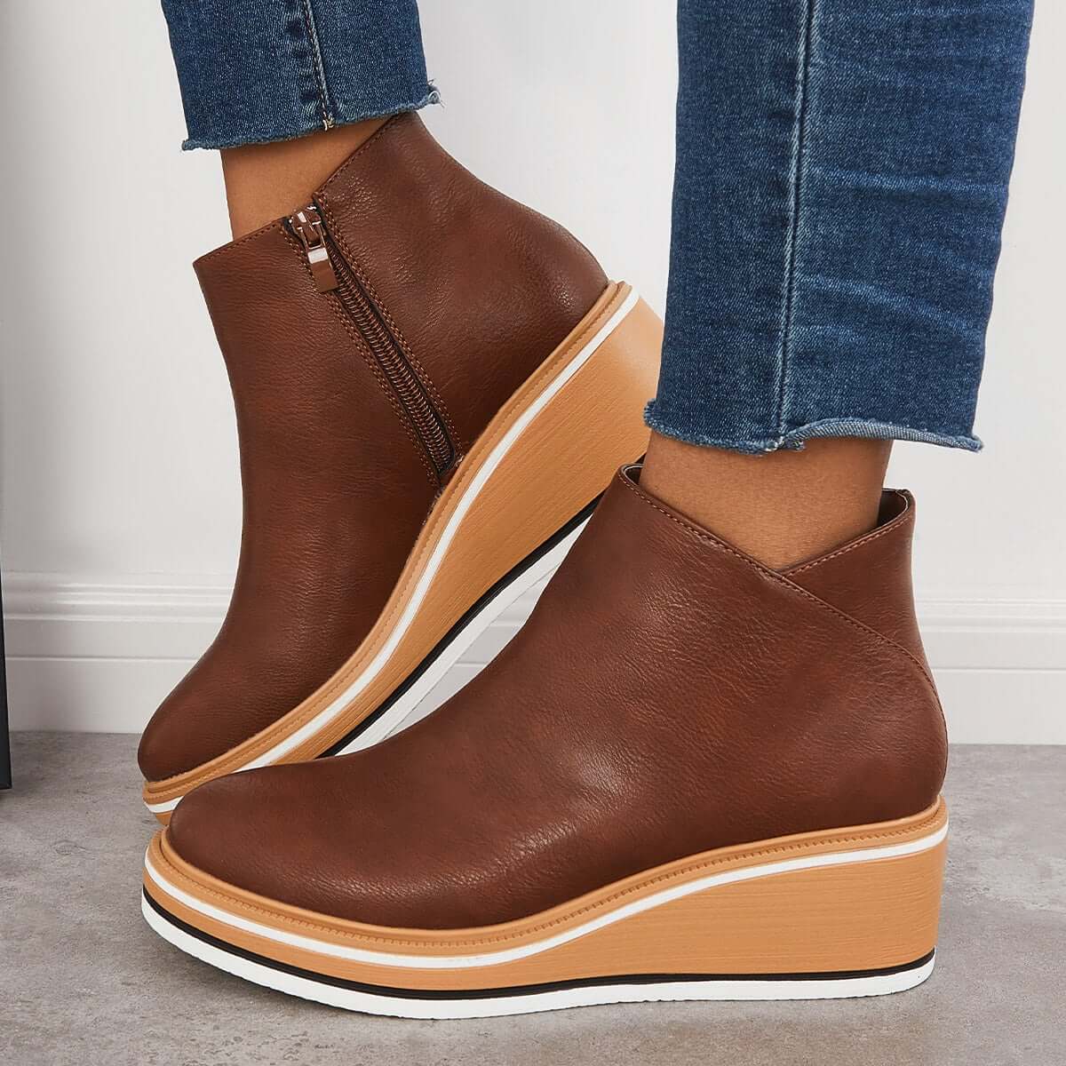 Women Solid Color Wedge Ankle Boots-ABOXUN