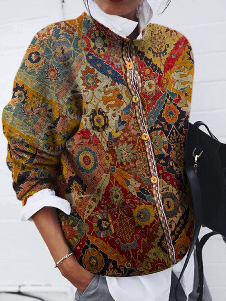 Fashion Brushed Geometric Print Loose Long Sleeve Top-ABOXUN