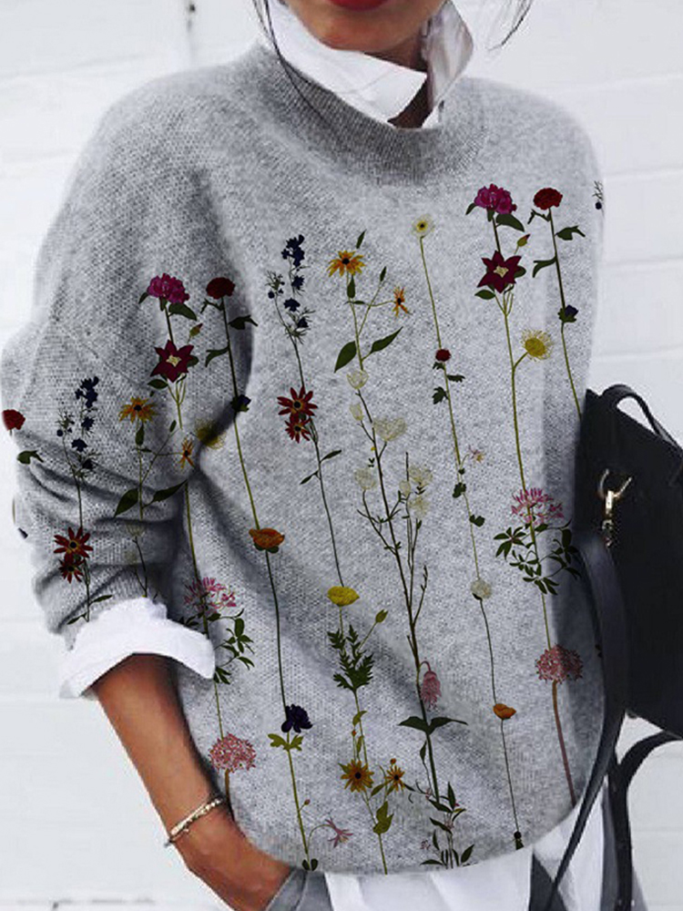 Fashion Brushed Flower Print Loose Long-Sleeved Top-ABOXUN