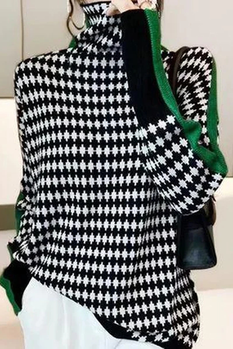 Green Stripe Black and White Diamond Print Sweater-ABOXUN