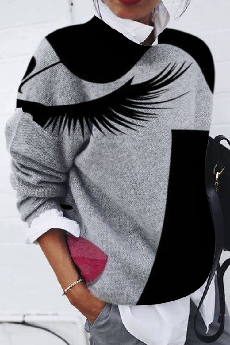 Portrait Print Loose Long Sleeve Top-ABOXUN