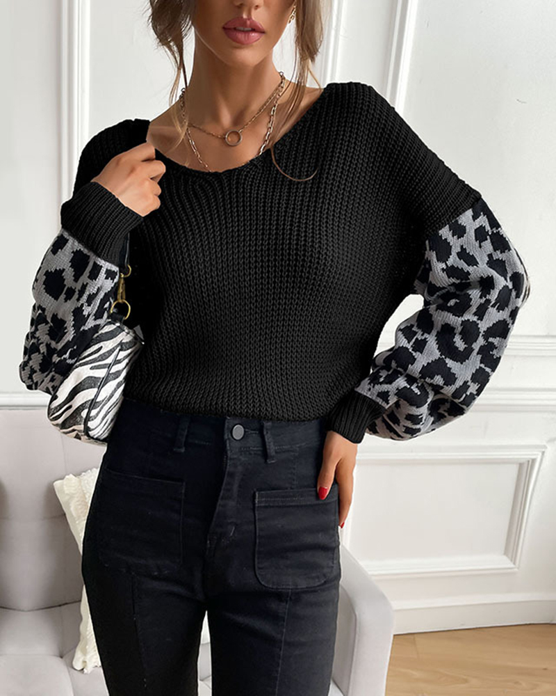 Loose Long-sleeved Leopard-print Knit Solid Color Sweater-ABOXUN