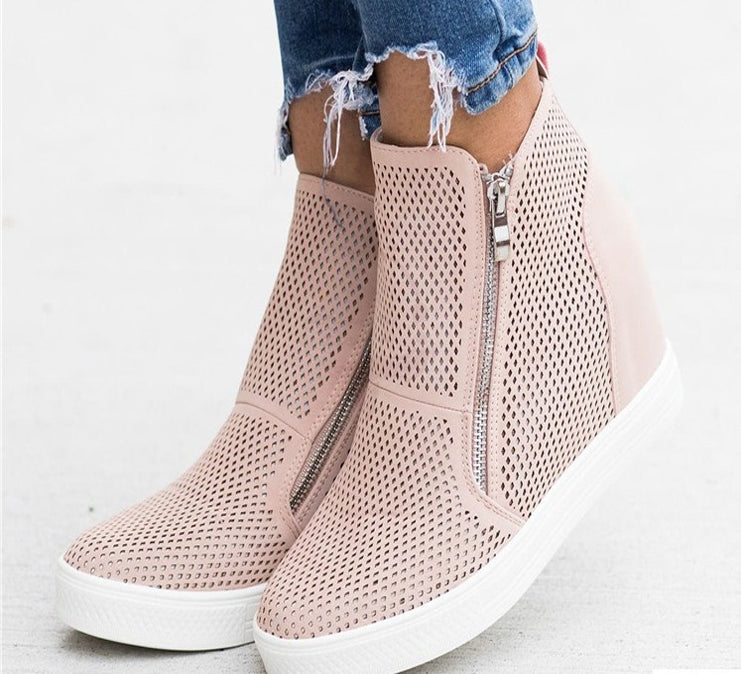 autumn heightened round toe hollow side zip women's shoes-ABOXUN