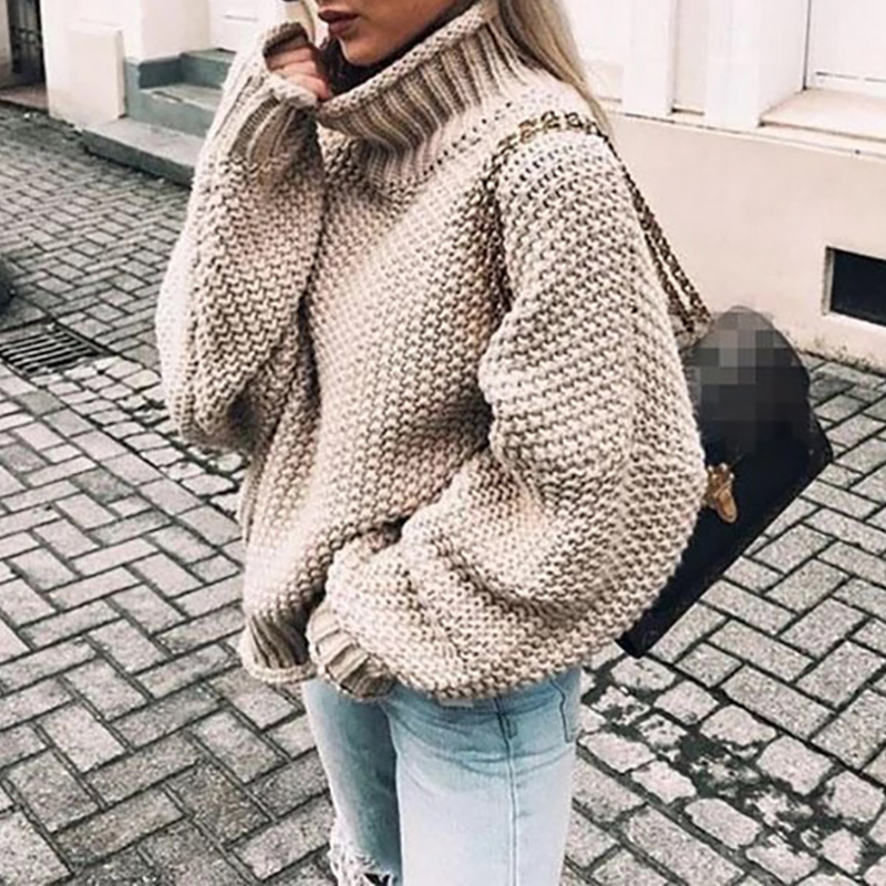 Chunky Half Turtleneck Doll Sleeve Loose Sweater-ABOXUN