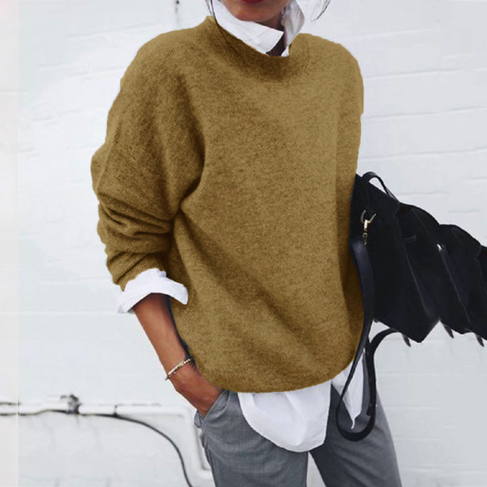 Shirt Collar Long Sleeve Fake Two Piece Sweater-ABOXUN