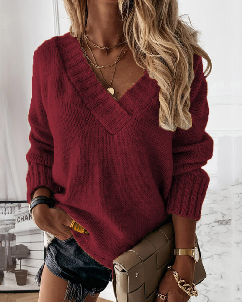 Solid Color V-neck Long-sleeved Pullover Knit Sweater-ABOXUN