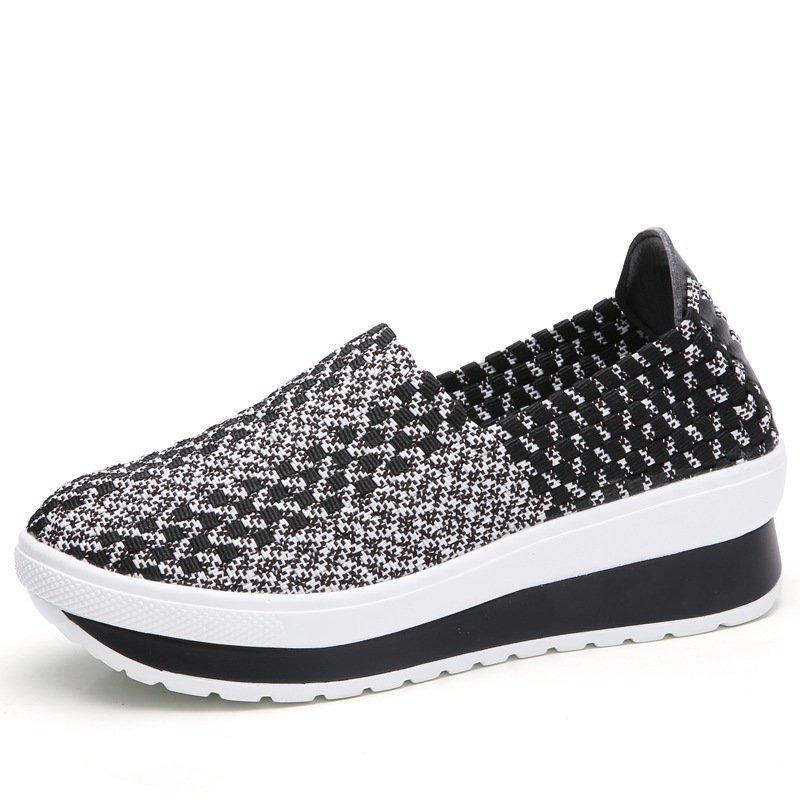 Women Comfy Casual Breathable Elastic Woven Detail Platform Rocker Sole Sneakers-ABOXUN