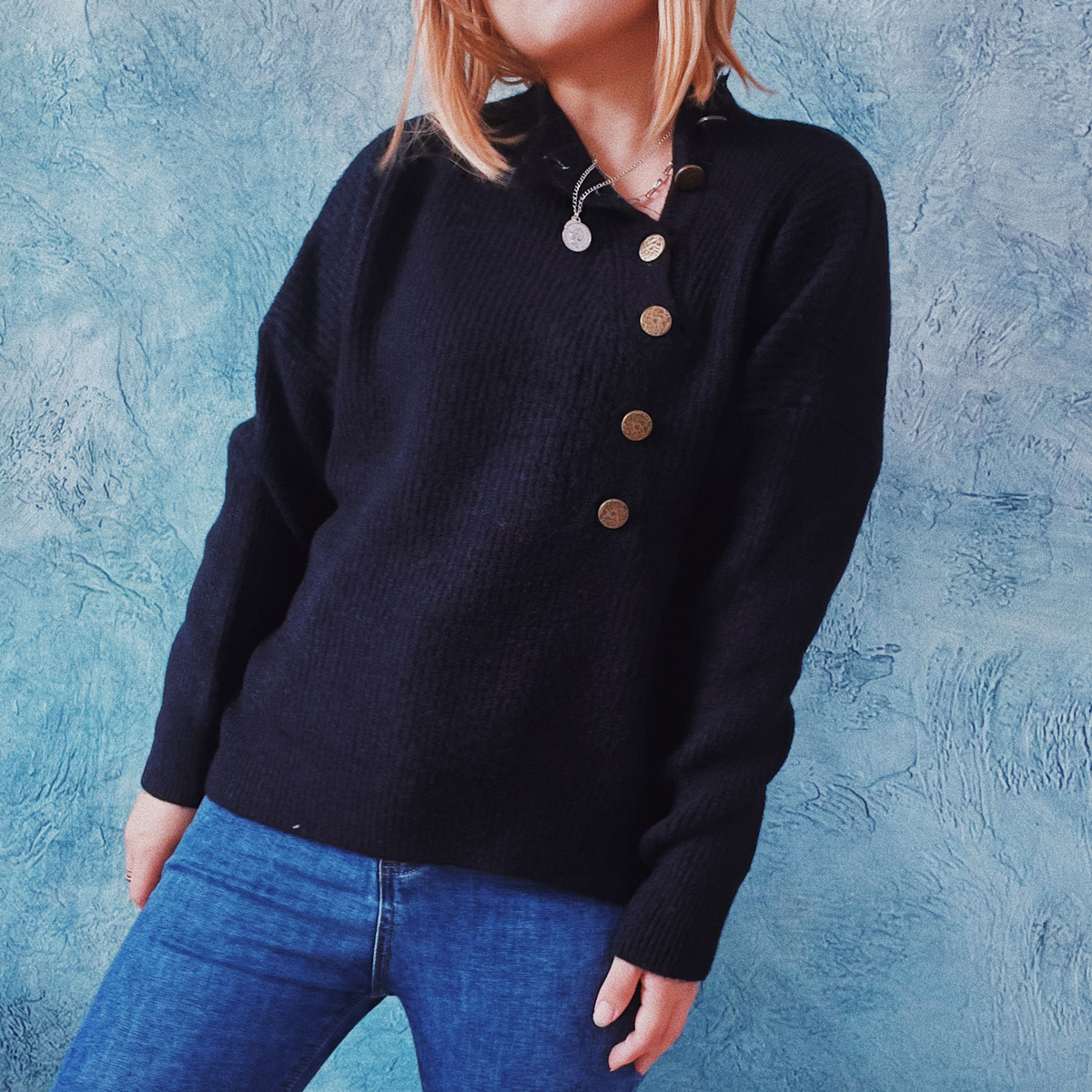 Vintage Solid Diagonal Button Sweater-ABOXUN