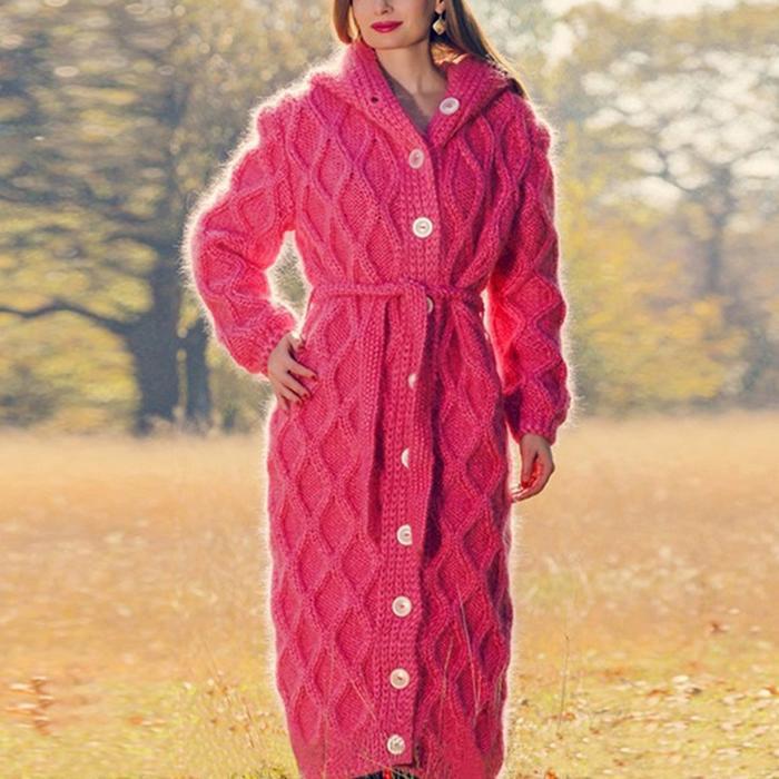 Solid Chunky knit Hooded Casual Long Cardigan-ABOXUN