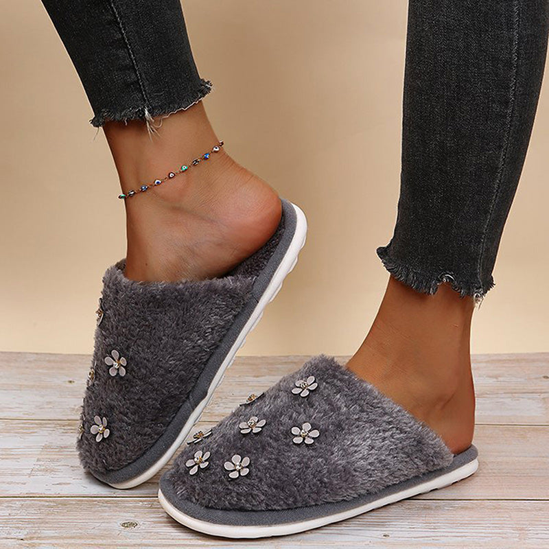 Rhinestone Flower Decorated Fluffy Closed Toe Flat Cotton Slippers-ABOXUN