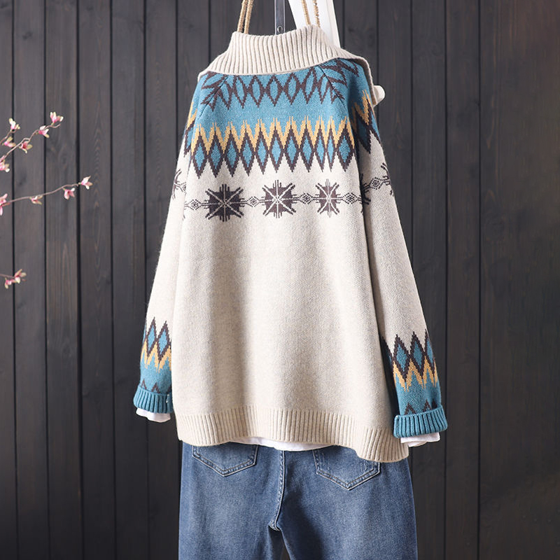 Vintage Icelandic Jacquard Sweater Lapel Cardigan-ABOXUN