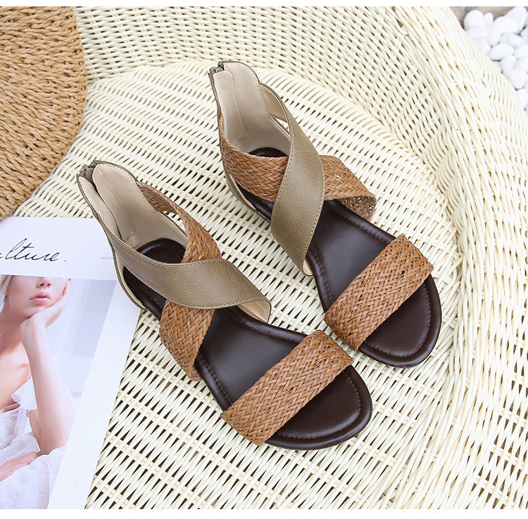 Ladies Woven Wedge Sandals-ABOXUN