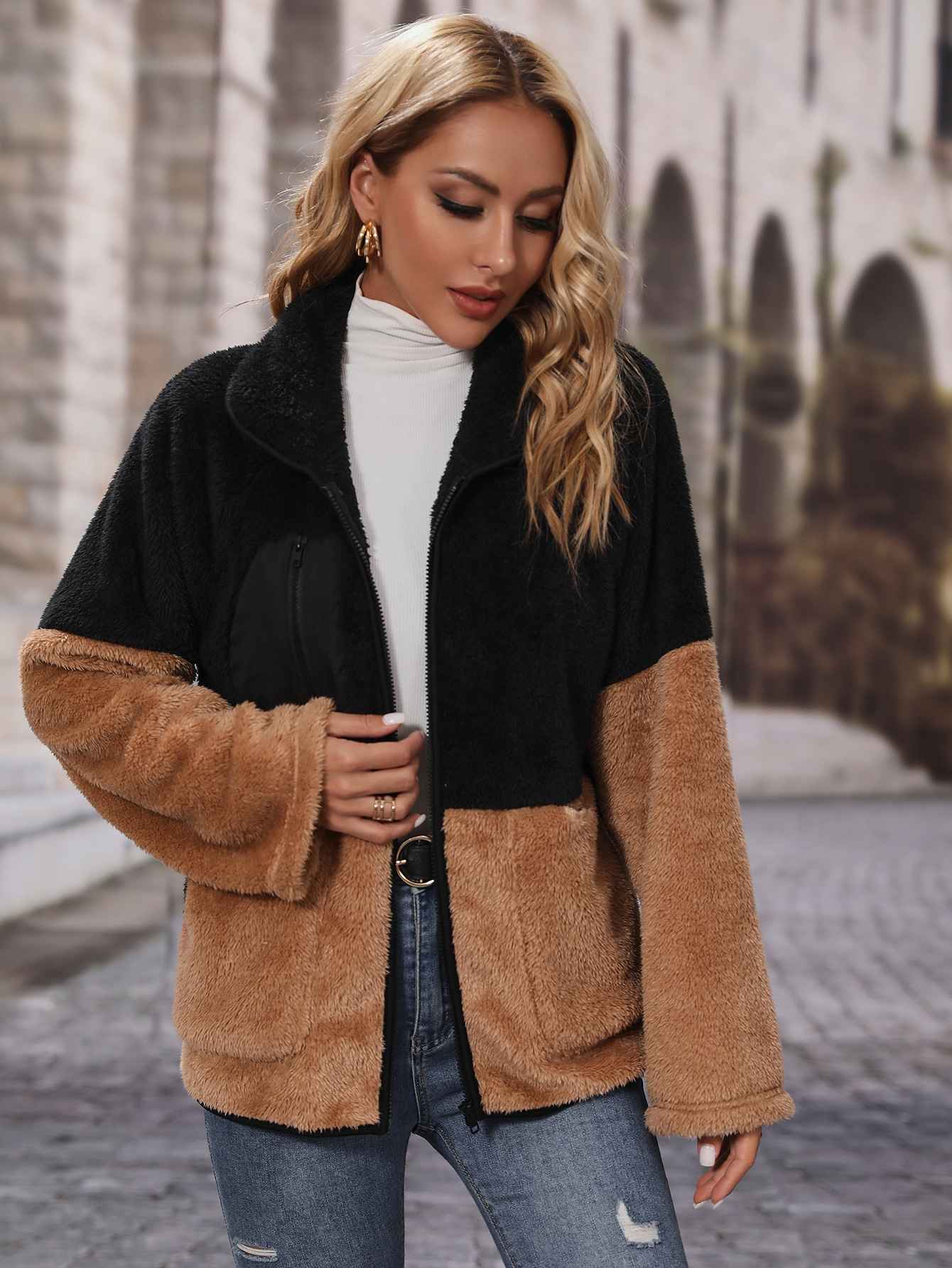 Loose colorblock zipper thickened double-sided fleece casual jacket-ABOXUN