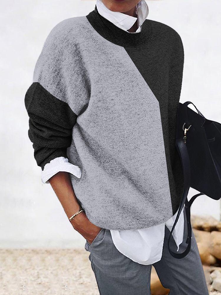 Round Neck Patchwork Color Block Contrast Top-ABOXUN