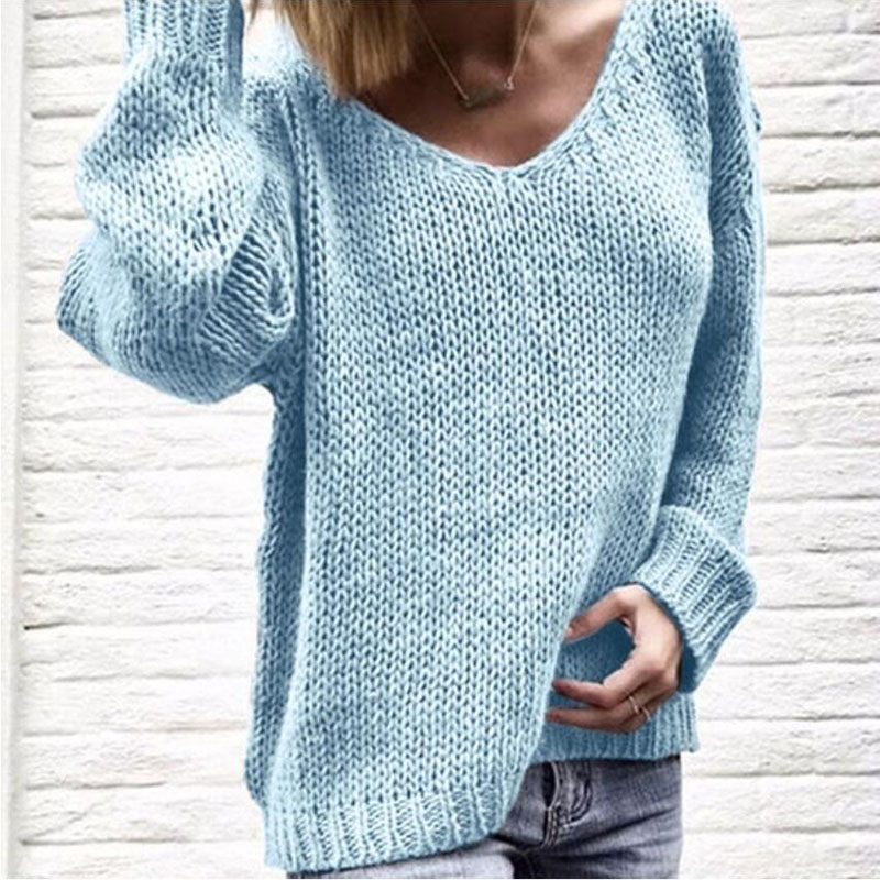 Solid Color V Neck Loose Casual Sweater-ABOXUN