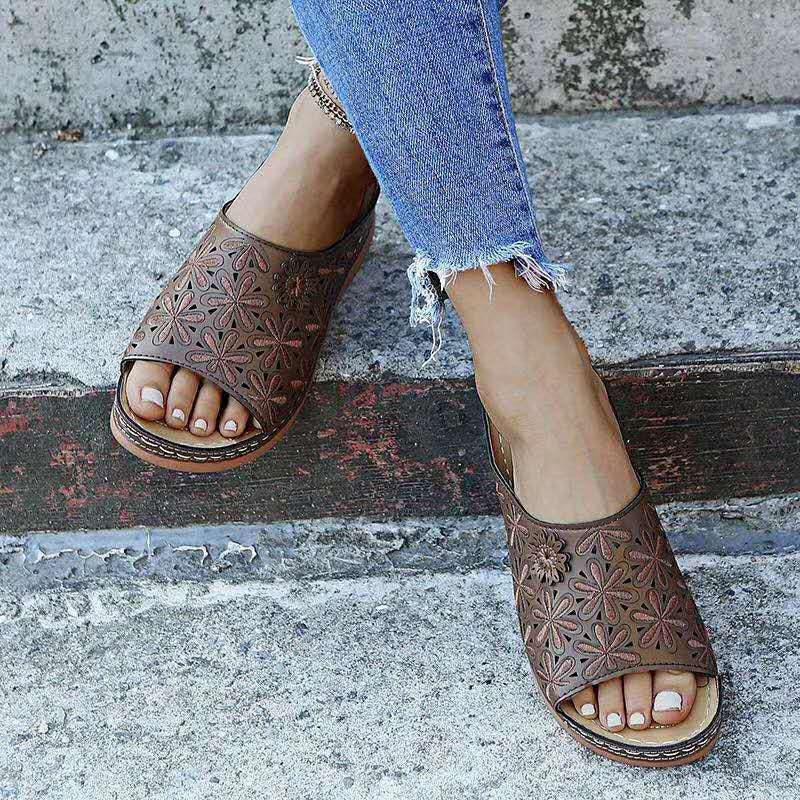 Women's Flat Bottom Hollow Solid Color Slippers-ABOXUN