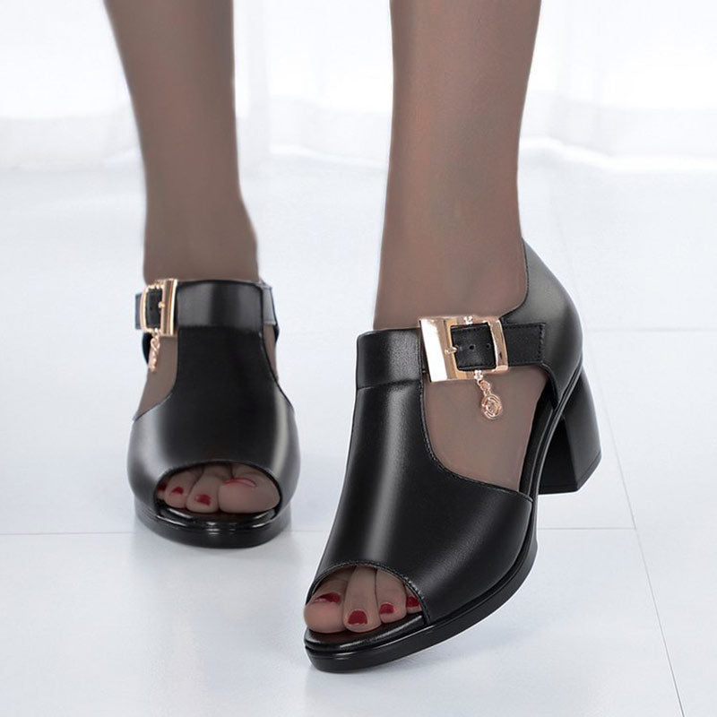 2022 Summer New Fish Mouth Fashion Casual Thick Heel Buckle Ladies Sandals-ABOXUN