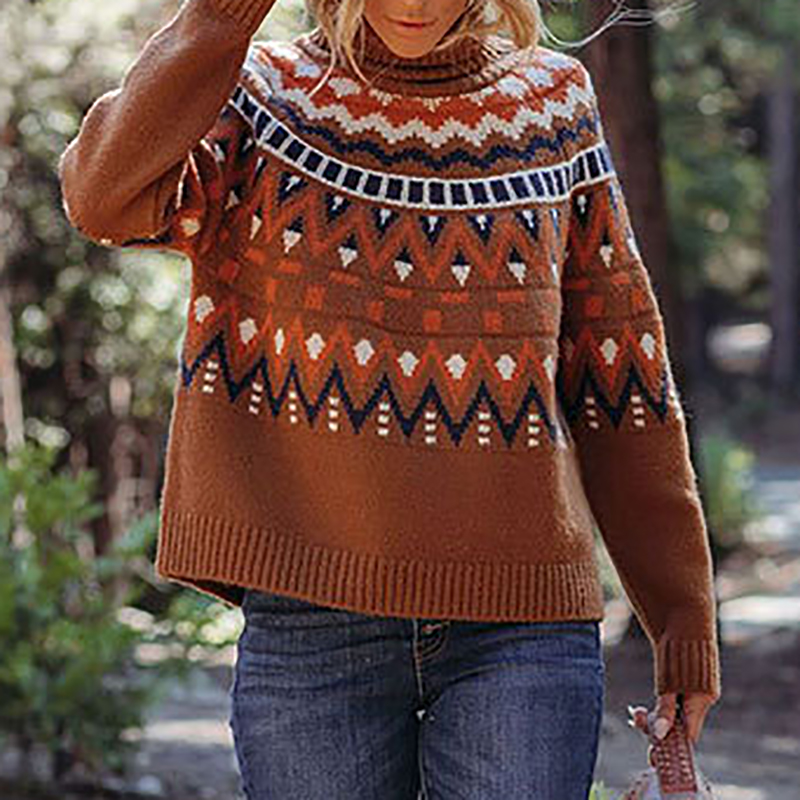 Vintage Striped Panel Contrast Turtleneck Sweater-ABOXUN