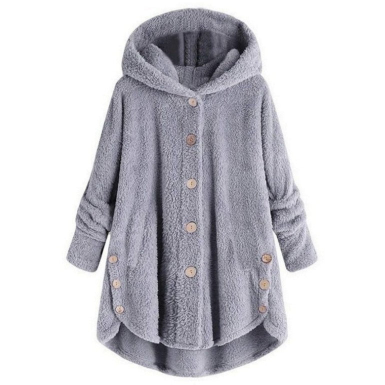 Women Warm Plus Size Button Plush Tops Ladies Hooded Cardigan Wool Coat Jacket-ABOXUN