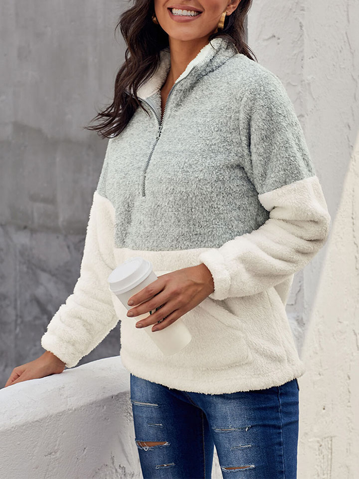 Contrast Long Sleeve Plush Pullover Sweatshirt-ABOXUN