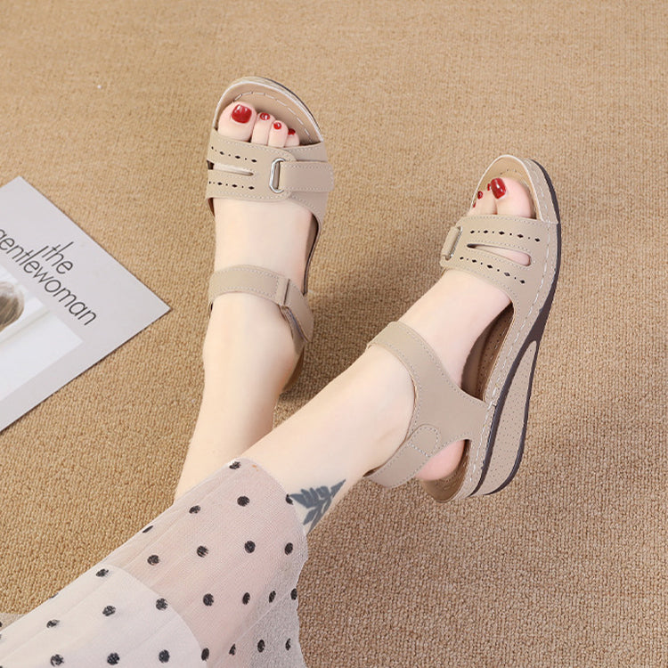 2022 New Casual Round Toe Velcro Mid Heel Women Wedge Sandals-ABOXUN