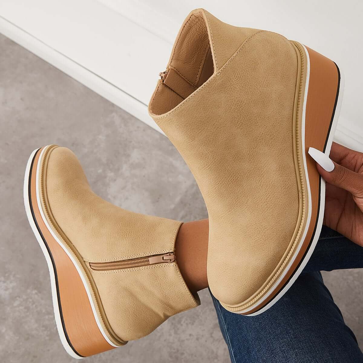 Women Solid Color Wedge Ankle Boots-ABOXUN