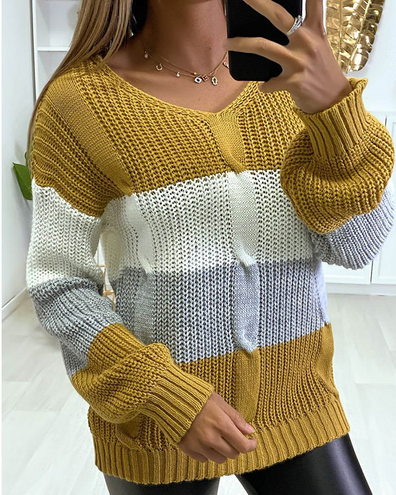 V-neck Color-block Long-sleeved Sweater-ABOXUN