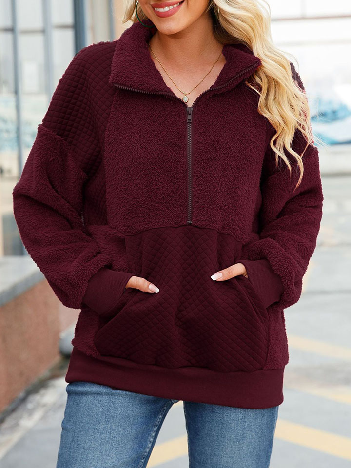 Pullover Zipper Mid-Length Solid Color Plush Patchwork Sweatshirt-ABOXUN