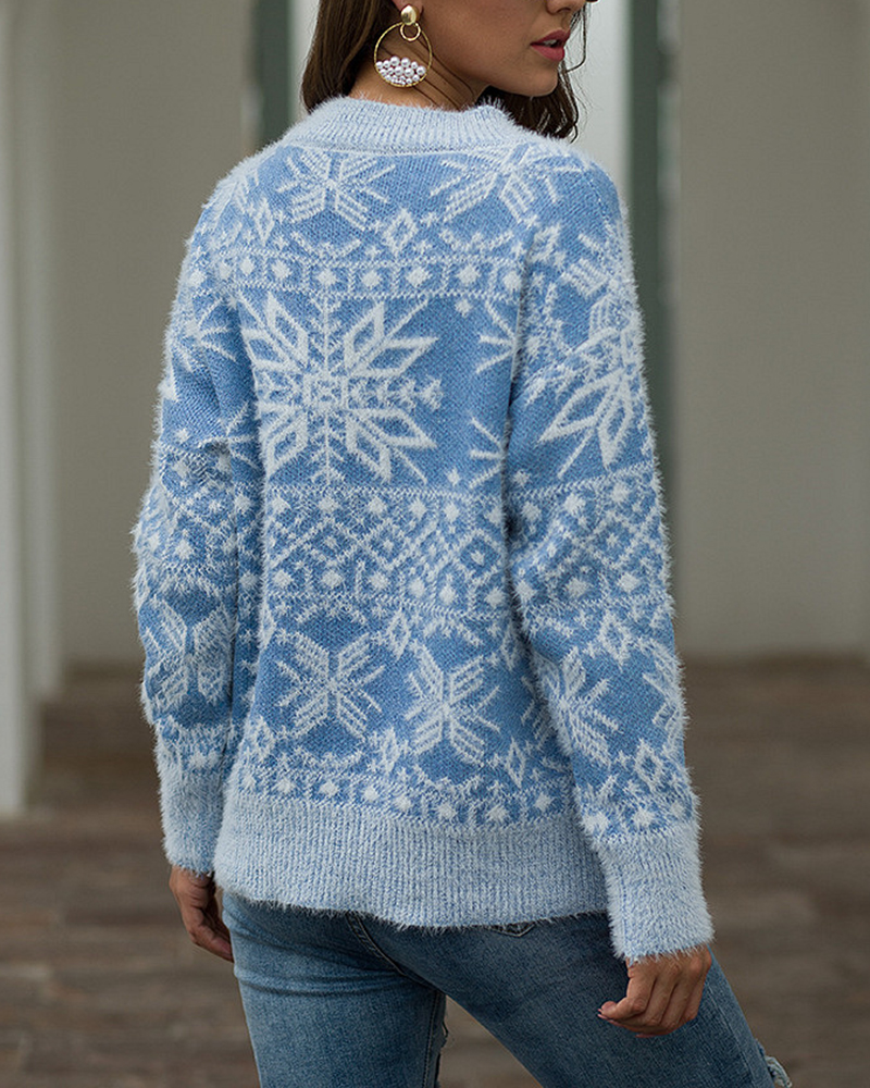 Snowflake Long Sleeve Pullover Sweater-ABOXUN