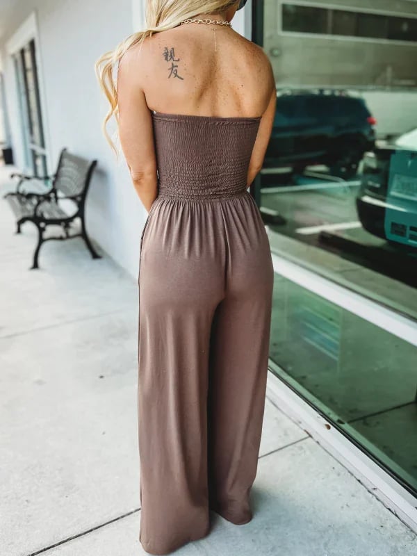 🔥2023 Hot Sale 49%-OFF🔥Off Shoulder Solid Color Smocked Jumpsuit