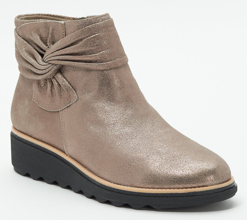 Women's English Bow Casual Wedge Short Boots-ABOXUN