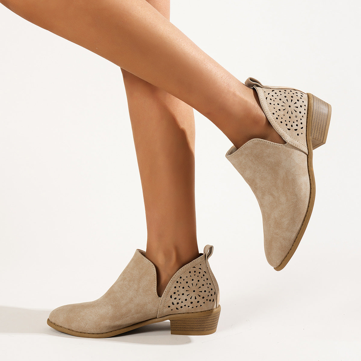 Solid Color Back Cutout British Style Pointed Toe Chunky Heel Fashion Boots-ABOXUN