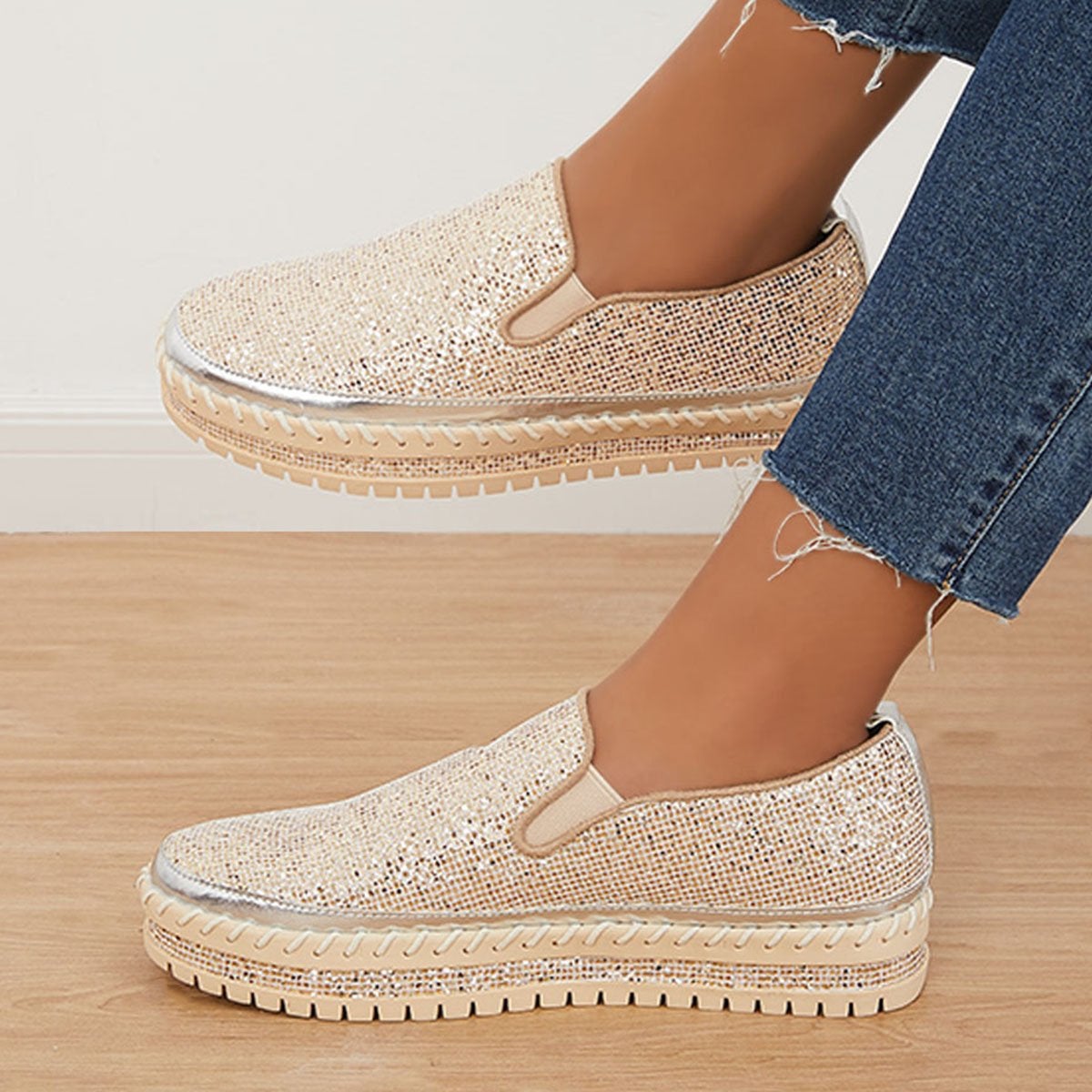 Women's Rhinestone Flatform Sneakers-ABOXUN