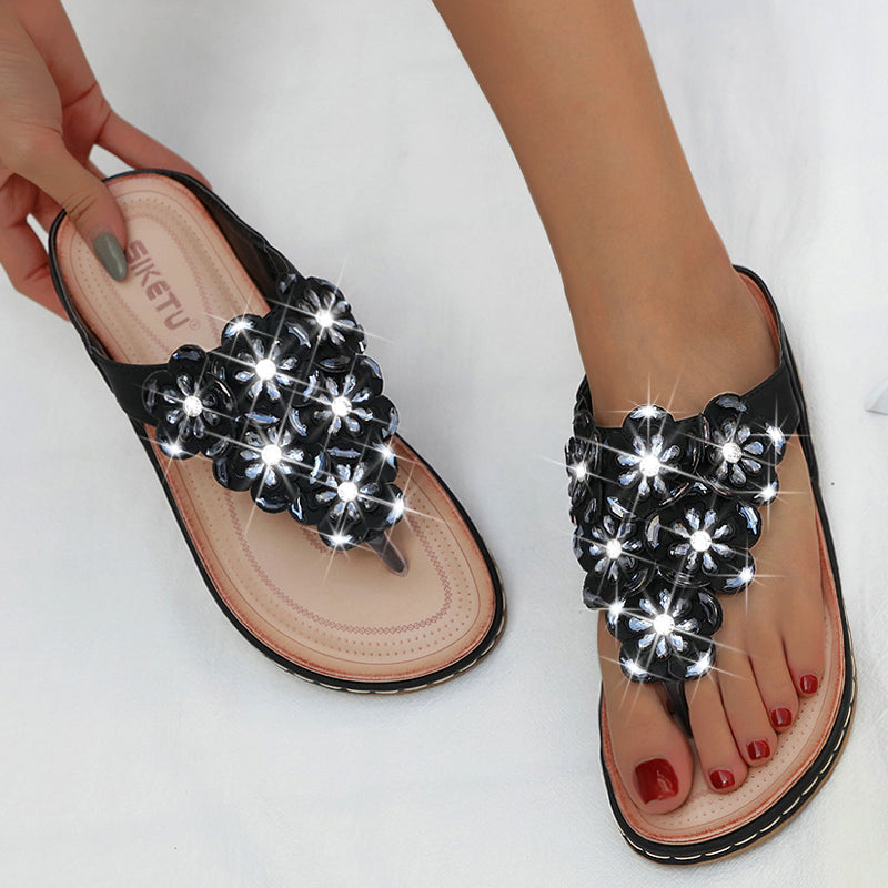 Bohemian Rhinestones Flower Beach Flip Flops Large Size Comfortable Sandals-ABOXUN