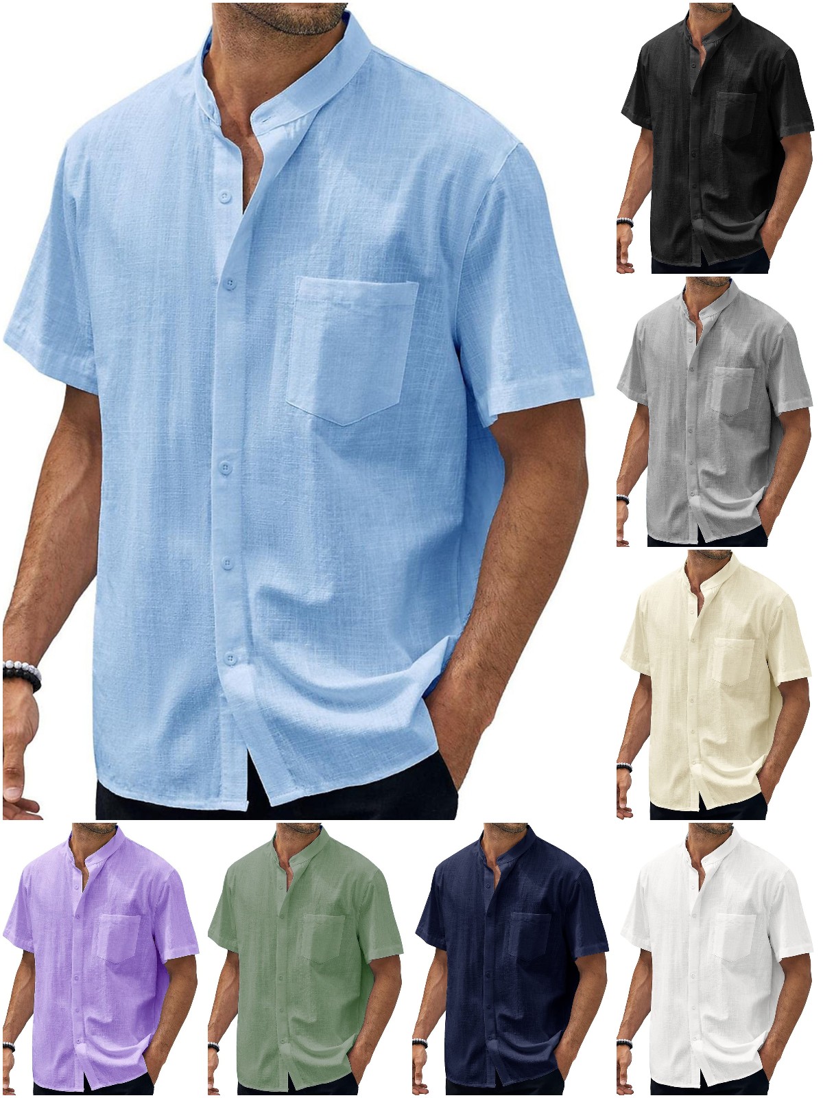 Men's Hawaiian Casual Beach Stand Collar Pocket Short Sleeves Shirt