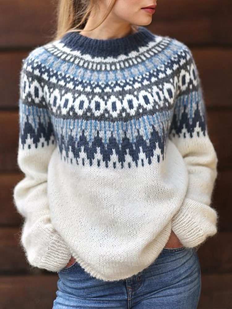 Vintage Geometric Wave Jacquard Long Sleeve Sweater-ABOXUN