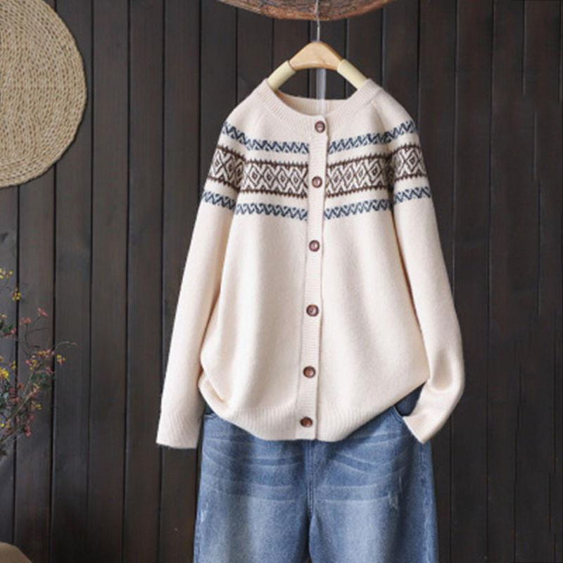 Vintage Loose Jacquard Versatile Sweater Cardigan-ABOXUN