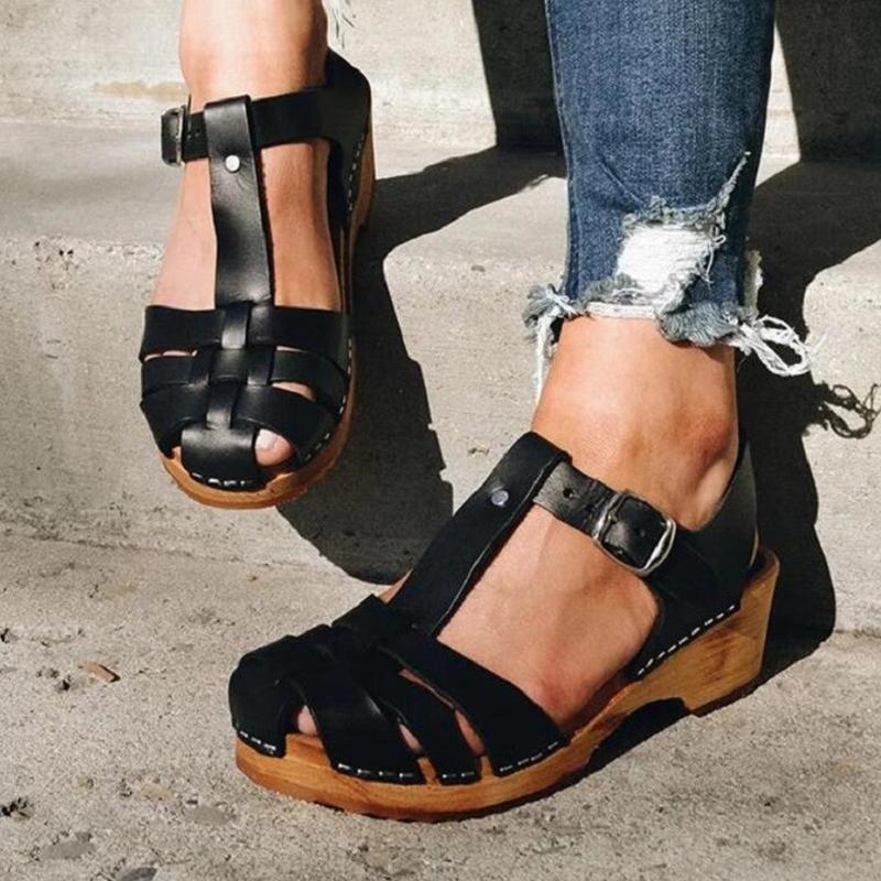 Women's Mid Heel Summer Sandals T-Strap Platform Sandals-ABOXUN