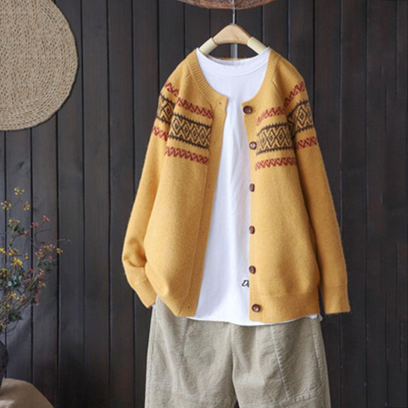 Vintage Loose Jacquard Versatile Sweater Cardigan-ABOXUN