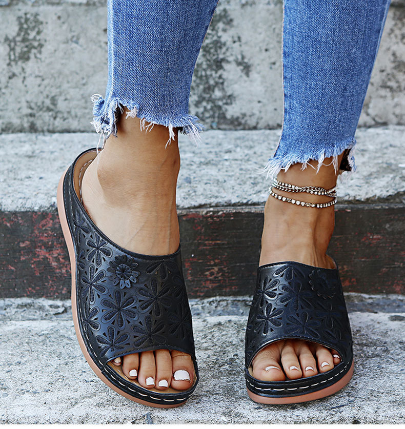 Women's Flat Bottom Hollow Solid Color Slippers-ABOXUN