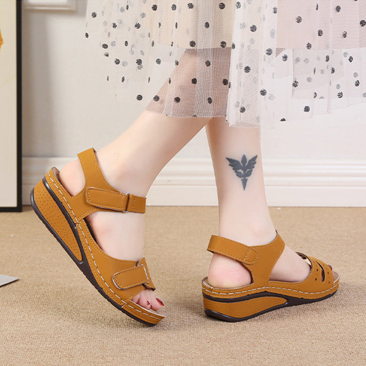 2022 New Casual Round Toe Velcro Mid Heel Women Wedge Sandals-ABOXUN