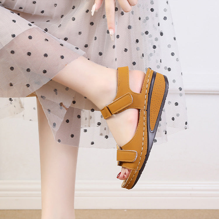 2022 New Casual Round Toe Velcro Mid Heel Women Wedge Sandals-ABOXUN