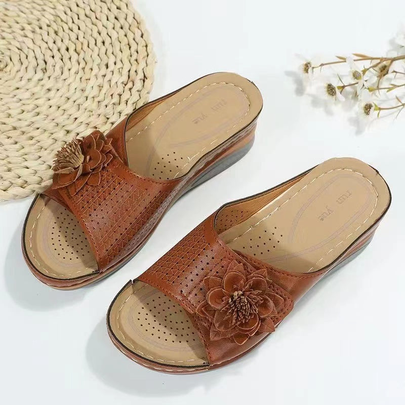 2022 Summer New Wedge Heel Fish Mouth Hollow Ladies Casual Slippers-ABOXUN