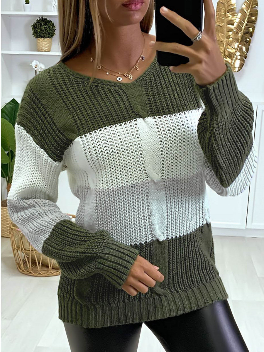 V-neck Color-block Long-sleeved Sweater-ABOXUN