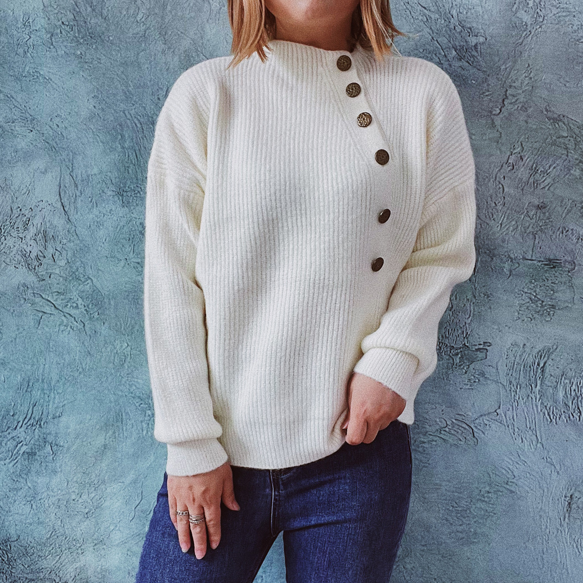 Vintage Solid Diagonal Button Sweater-ABOXUN