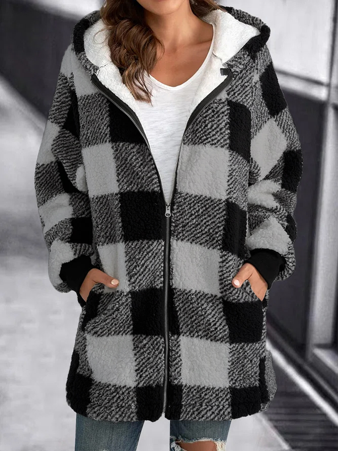 Hoodie Plaid Loose Overcoat-ABOXUN